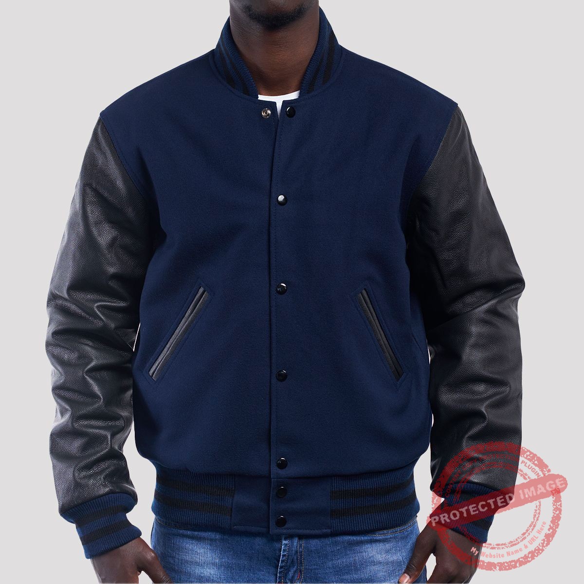 Gotham Sporting Goods Custom Varsity Letterman Jacket Men Navy Blue & Black GSG-01 Men’s Navy-Black Custom Street Varsity Jacket | Wool & Leather Jacket by Gotham Sporting Goods - Image 1
