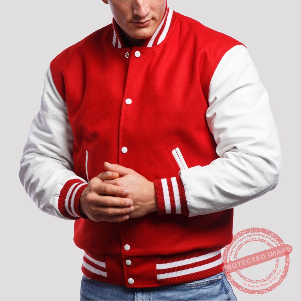 Gotham Sporting Goods Custom Varsity Letterman Jacket Men Red & White GSG-01 Premium Custom Red-White Varsity Jacket for Men | Wool & Leather Letterman by Gotham Sporting Goods - Image 1